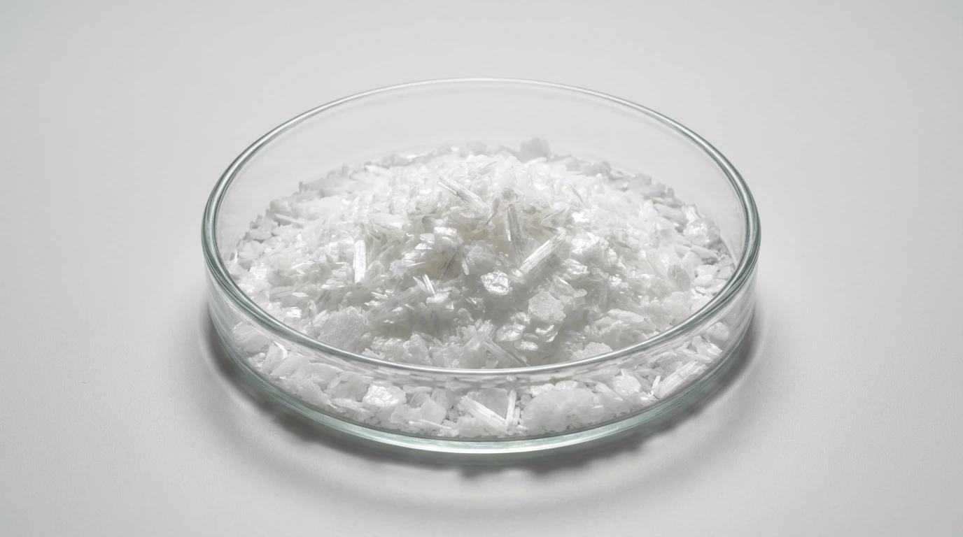 Benzoic Acid white crystalline flakes in a clean glass dish